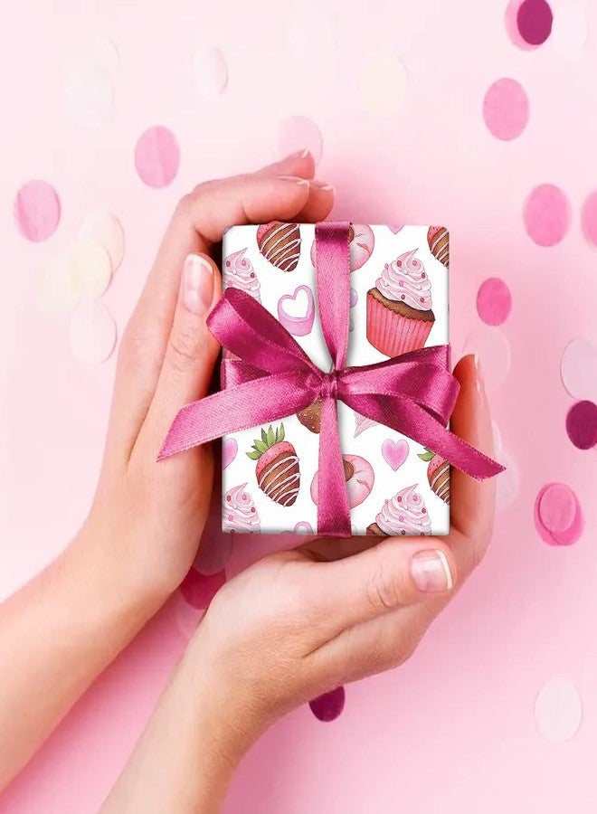Boerni Cupcake Strawberry Doughnuts Heart Printed Gift Wrapping Paper, Sweet Dessert Birthday Gfit Wrap Paper Folded Flat with 1 Roll Pink Ribbon for Baby Shower Party Holiday Kids Girls Boys Gift Wrap Set - Image 4